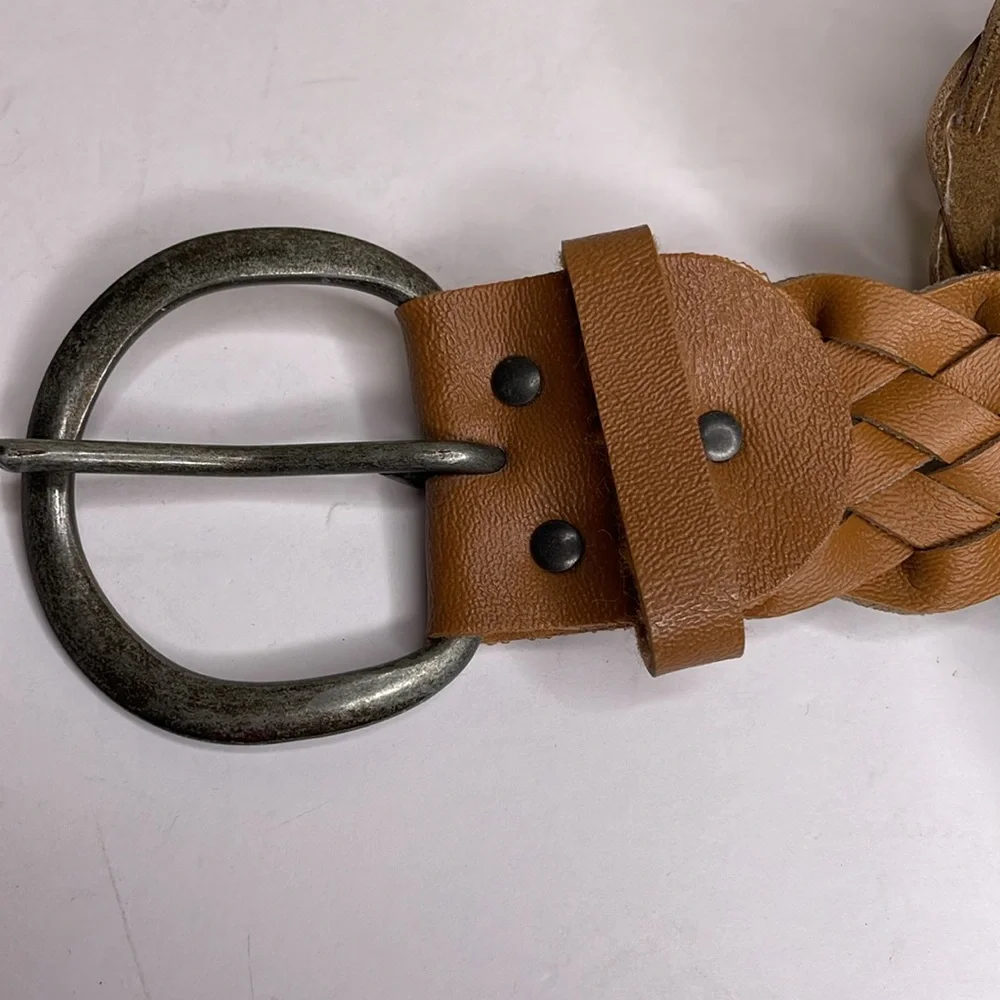 Woven Chunky Belt Brown Vegan Leather Rounded Buckle